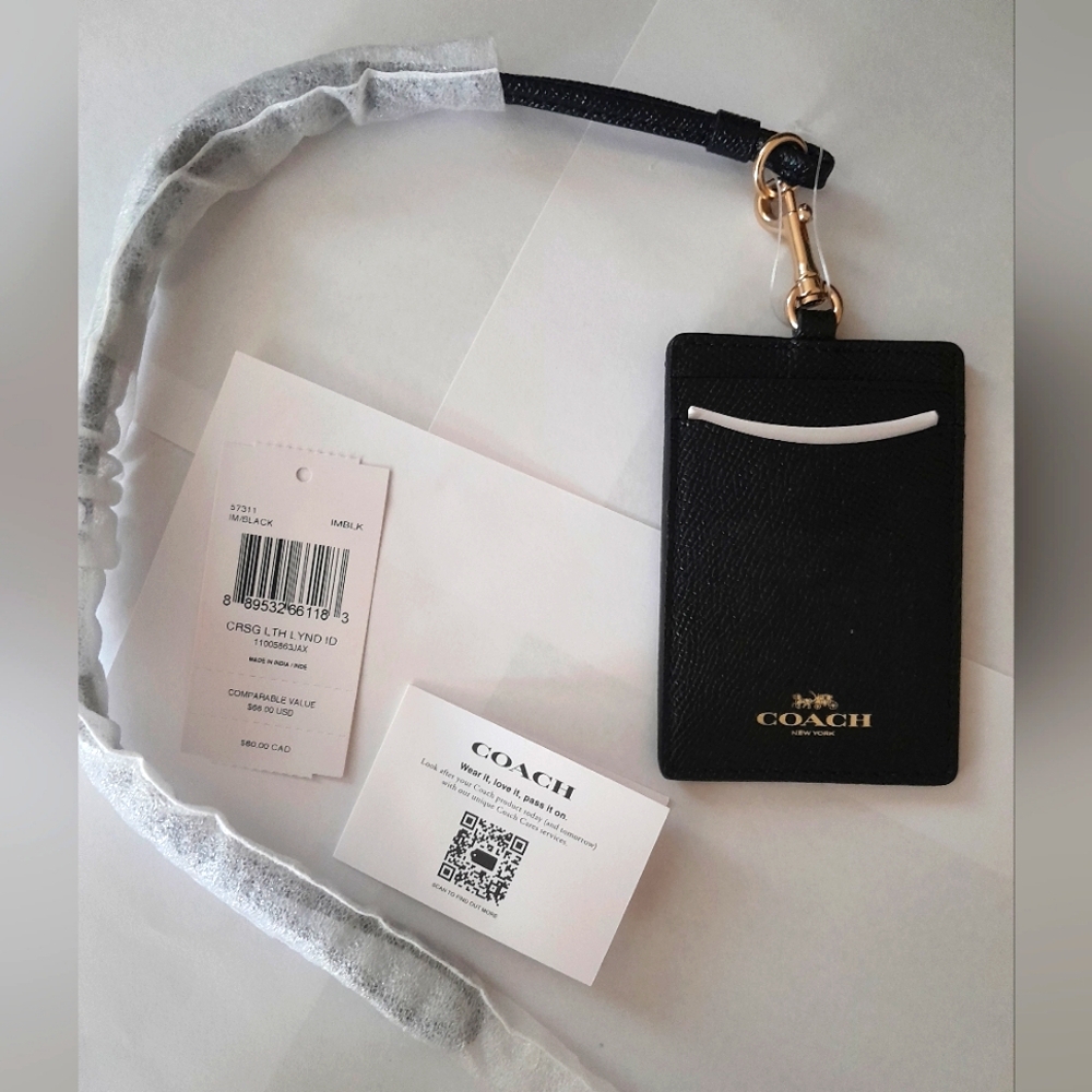 New Coach Lanyard With Detachable Card Case Black/Gold NWT